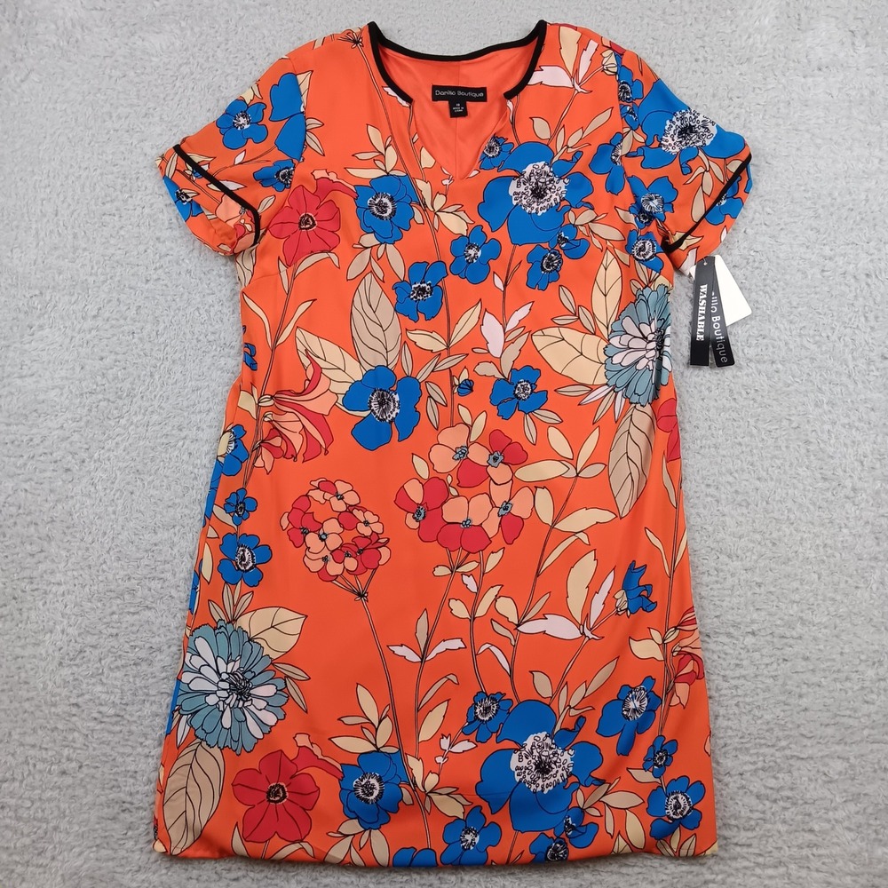 Danillo Boutique Shift Dress Women 10 Coral Floral V-Neck Short Sleeve 27093
